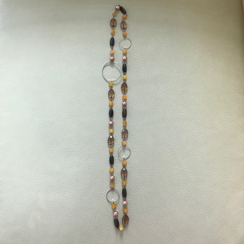 Brown/Orange Multi-Color Beaded + Metal Hoop Long Necklace